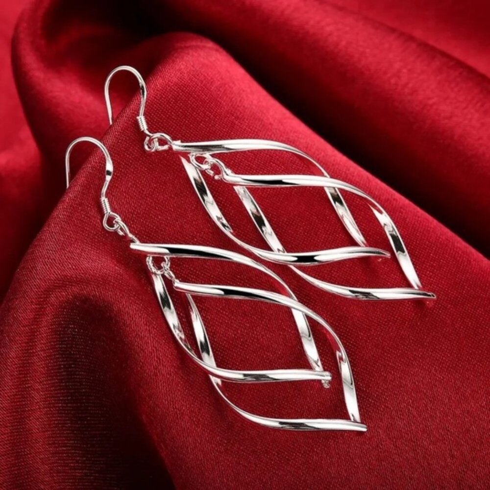 925 Sterling Silver Long Drop Hoop Earrings